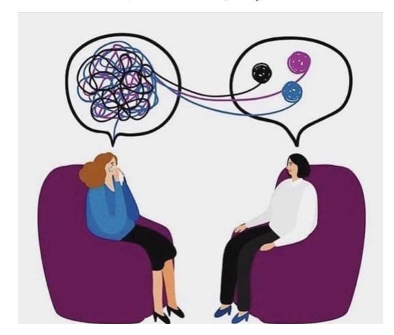 A woman sits in a chair with a speech bubble above her which contains a tangle of yarn. A therapist sits in another chair and listens with a speech bubble above which contains three balls of untangled yarn